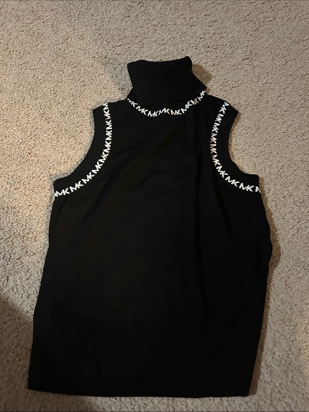 Michael Kors Black Sleeveless Turtleneck Top with White MK Trim
